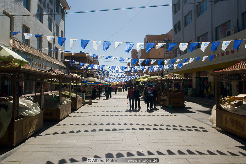 17 Pedestrian area with stalls and white and blue flags