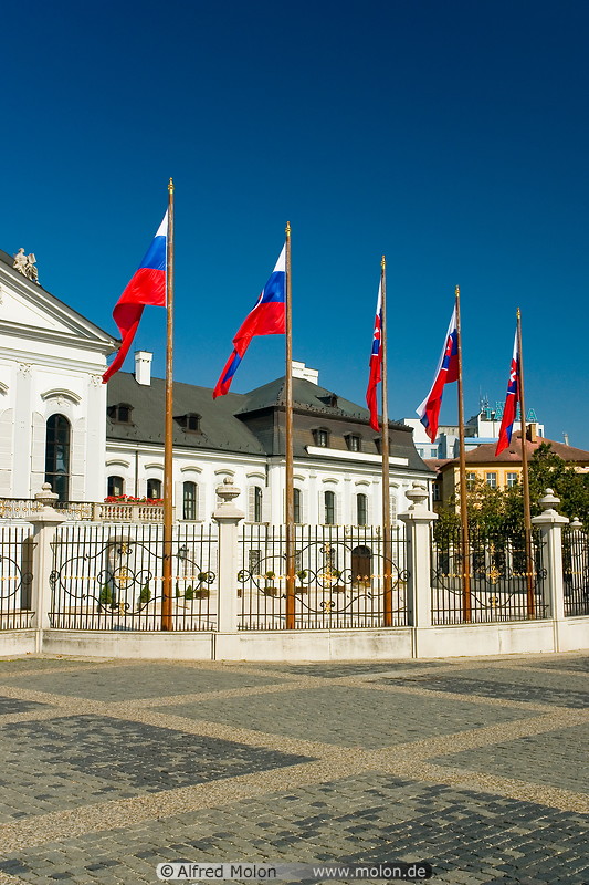 13 Slovakian flags and Grassalkovich palace
